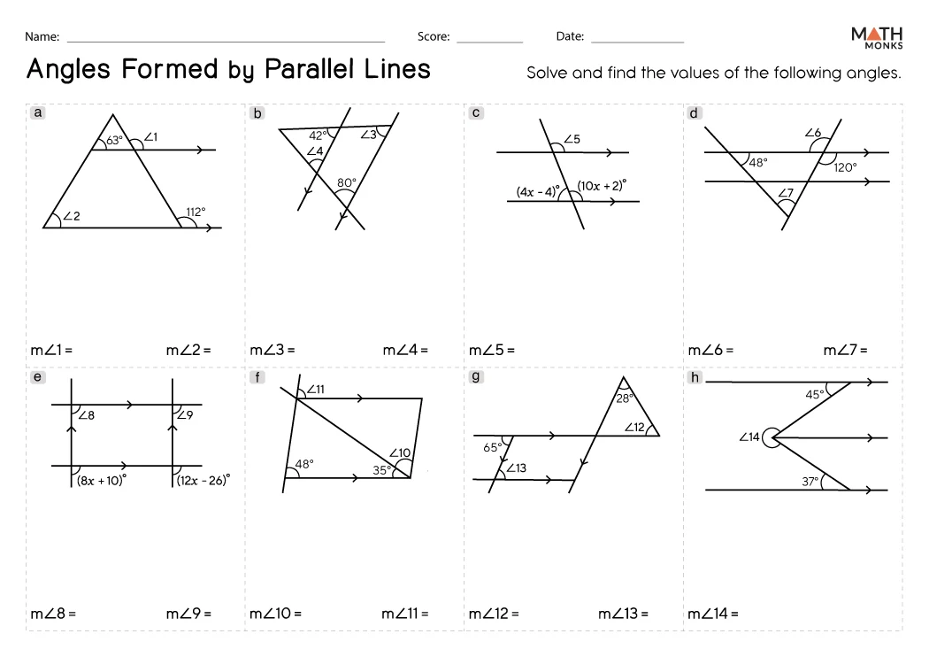 Angles Formed by Parallel Lines and Transversals Worksheet Pdf