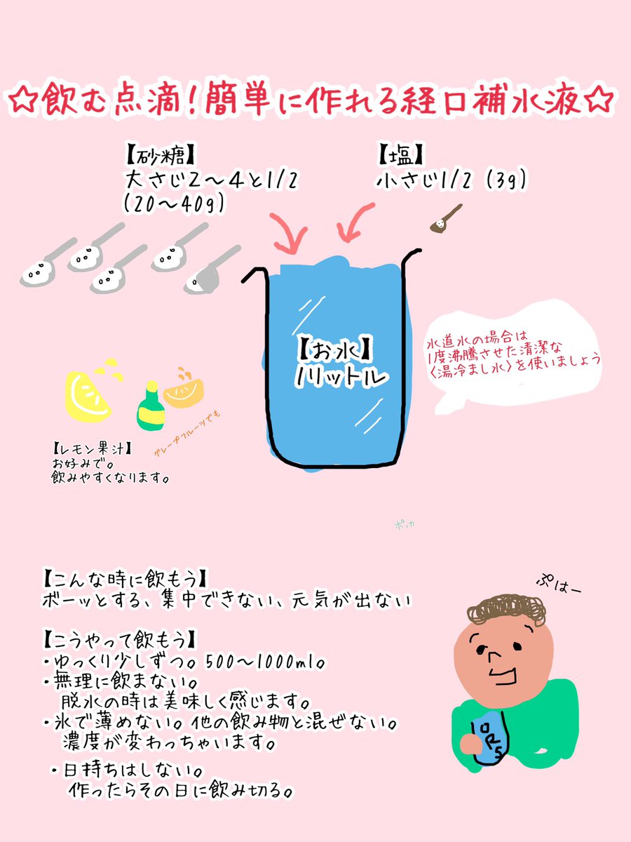 脱水症状の飲み物作り方！水・塩・砂糖の黄金比率とNgな対処法