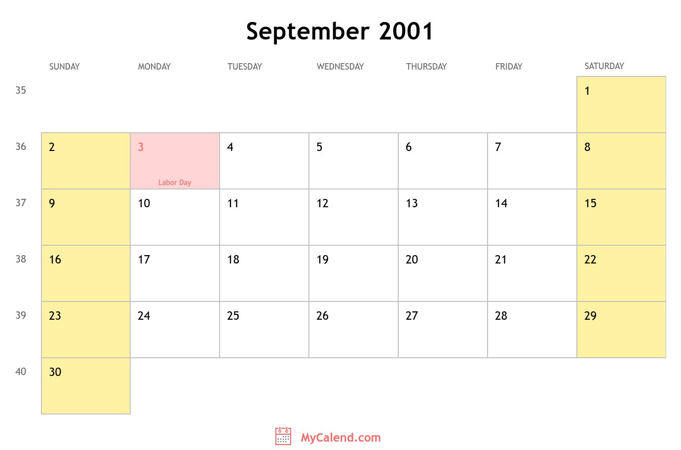 Day of Week September 11 2001