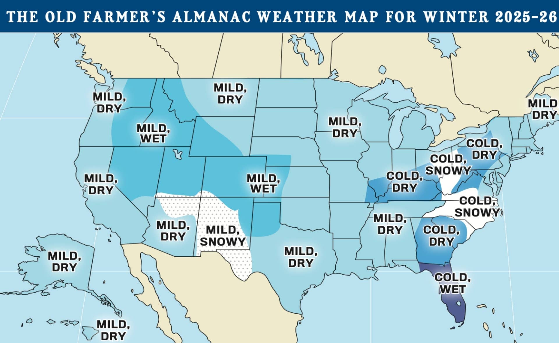 Old Farmer’s Almanac Map: U. S. Regions Forecast for Below-Normal Snowfall